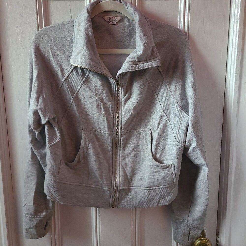 Danskin Women's Gray Cropped Track Jacket Full Zip Pockets Knit Cotton Blend M